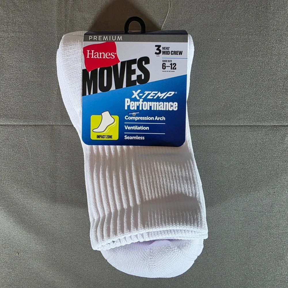 Hanes Moves Mens X-Temp Performance Mid Crew Socks 3 Pair White PMSA84 Size 6-12